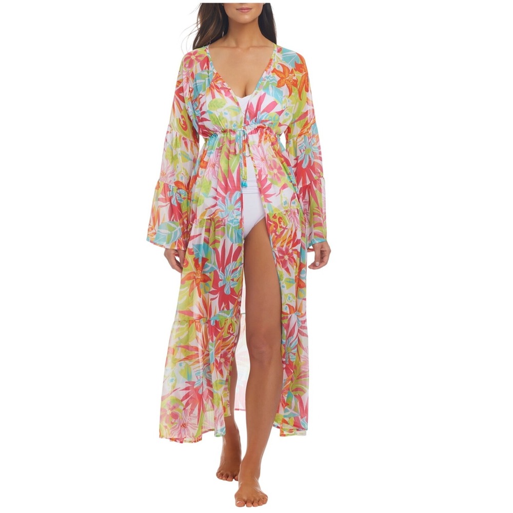 Bleu Rod Beattie Sheer Floral Maxi Swim Cover Up Tropical Bell Sleeve V-Neck M
